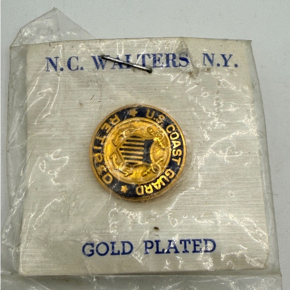 Vintage NC Walters NY US Coast Guard Retired Gold Plated Enamel Lapel Pin New